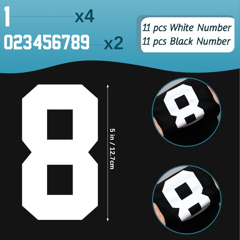 Zonon 22 Pieces Iron on Numbers T Shirt Heat Transfer 0 to 9 Jersey Numbers for Team Uniform Sports(Black  White 5 Inch) - Image 2