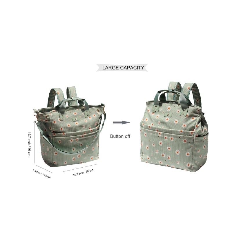 ESVAN Diaper Tote Bag Totepack Backpack Crossbody Bag 3 in 1 for Women Laptop Backpack Multifunctional with Insulated Pockets (Corduroy Matcha Daisy) - Image 2