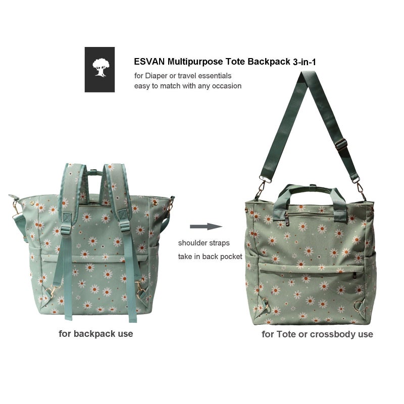 ESVAN Diaper Tote Bag Totepack Backpack Crossbody Bag 3 in 1 for Women Laptop Backpack Multifunctional with Insulated Pockets (Corduroy Matcha Daisy) - Image 4
