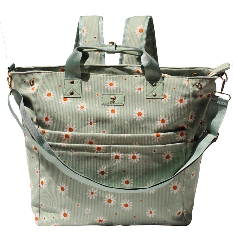 ESVAN Diaper Tote Bag Totepack Backpack Crossbody Bag 3 in 1 for Women Laptop Backpack Multifunctional with Insulated Pockets (Corduroy Matcha Daisy) - Image 1
