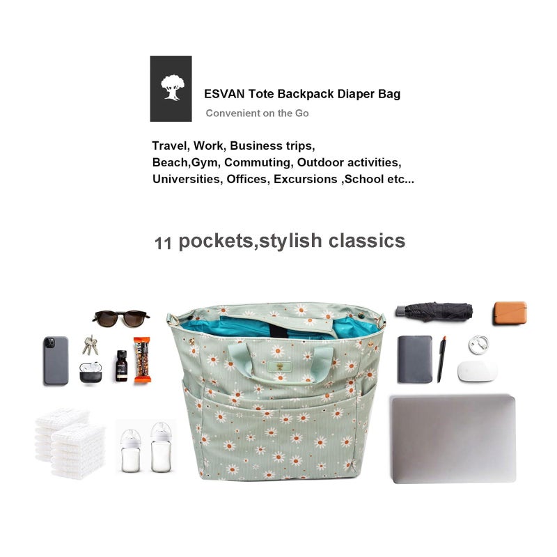 ESVAN Diaper Tote Bag Totepack Backpack Crossbody Bag 3 in 1 for Women Laptop Backpack Multifunctional with Insulated Pockets (Corduroy Matcha Daisy) - Image 5