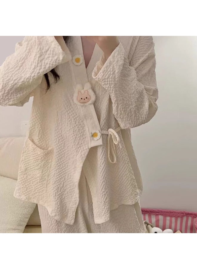 Modal Milk Cartoon Rabbit Pajamas For Women, Spring And Autumn Long-sleeve Tie-up Loose-fitting, Suitable For Outdoor Wear, New Home Wear Set - Image 2