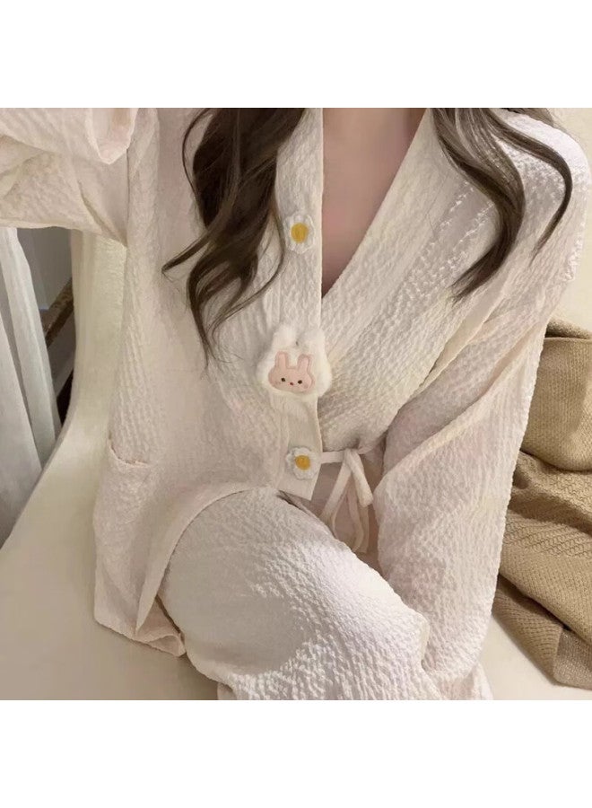 Modal Milk Cartoon Rabbit Pajamas For Women, Spring And Autumn Long-sleeve Tie-up Loose-fitting, Suitable For Outdoor Wear, New Home Wear Set - Image 1