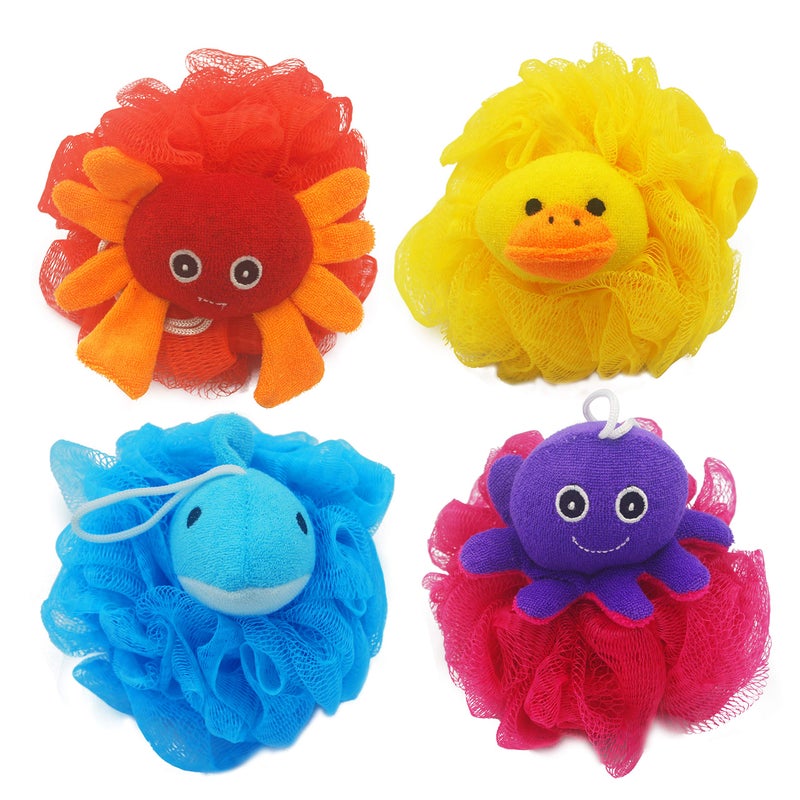 Bleu Bath (4 Pack) Lovely Animal Design Kids Exfoliating Bath Scrubber Body Scrubber Shower Ball for Baby Toddler Kids Gentle Exfoliating Bath Sponge Loofah Pouf in Colorful Design - Image 1
