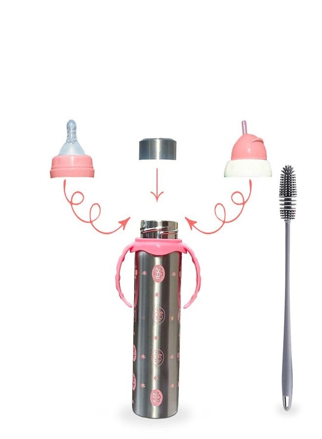 JOYFILLS 3-in-1 Stainless Steel Baby Feeding Bottle Set 240ml | Multi-Functional Milk, Water & Juice Sipper with Feeding Nipple & Straw | BPA Free | Leak Proof | for Newborn, Infant & Toddler - Image 1