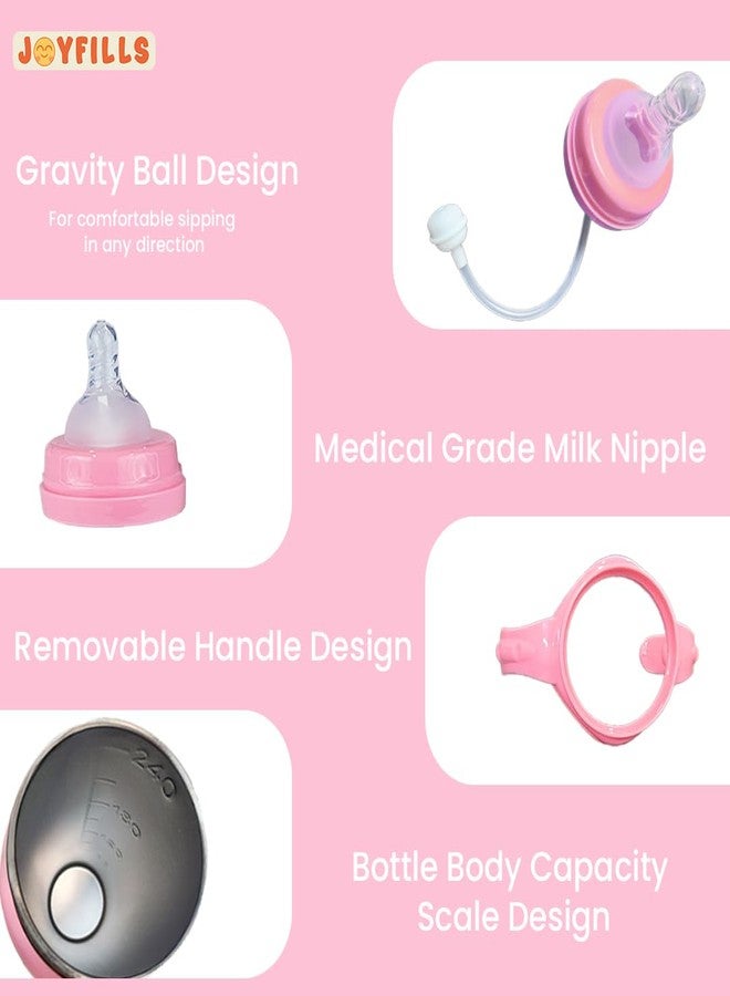 JOYFILLS 3-in-1 Stainless Steel Baby Feeding Bottle Set 240ml | Multi-Functional Milk, Water & Juice Sipper with Feeding Nipple & Straw | BPA Free | Leak Proof | for Newborn, Infant & Toddler - Image 2