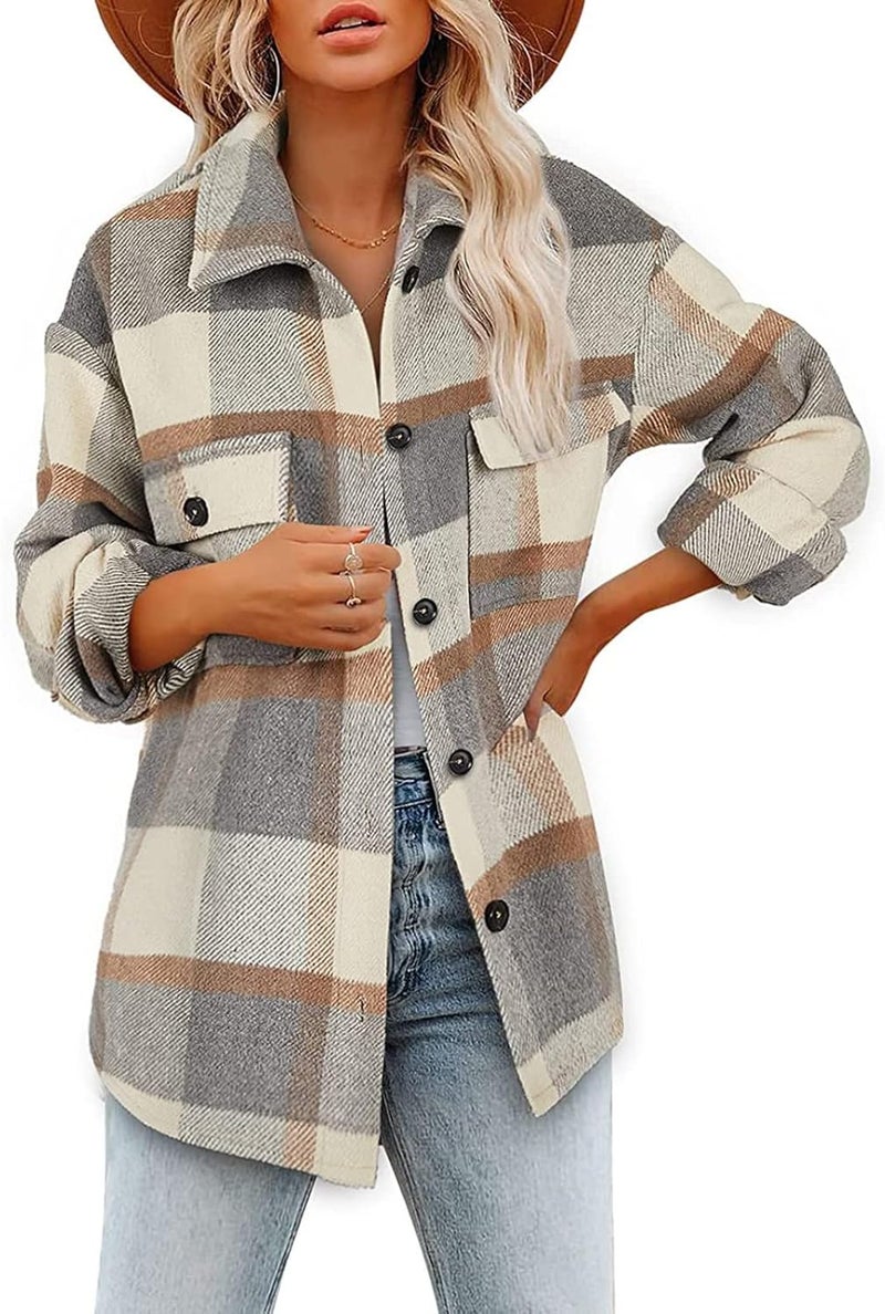 woobles Womens Plaid Shacket Casual Flannel Shirt Long Sleeve Corduroy Coat Button Down Fall Jacket Shacket 2022 Fashion Clothes X-Large 018-brown - Image 2