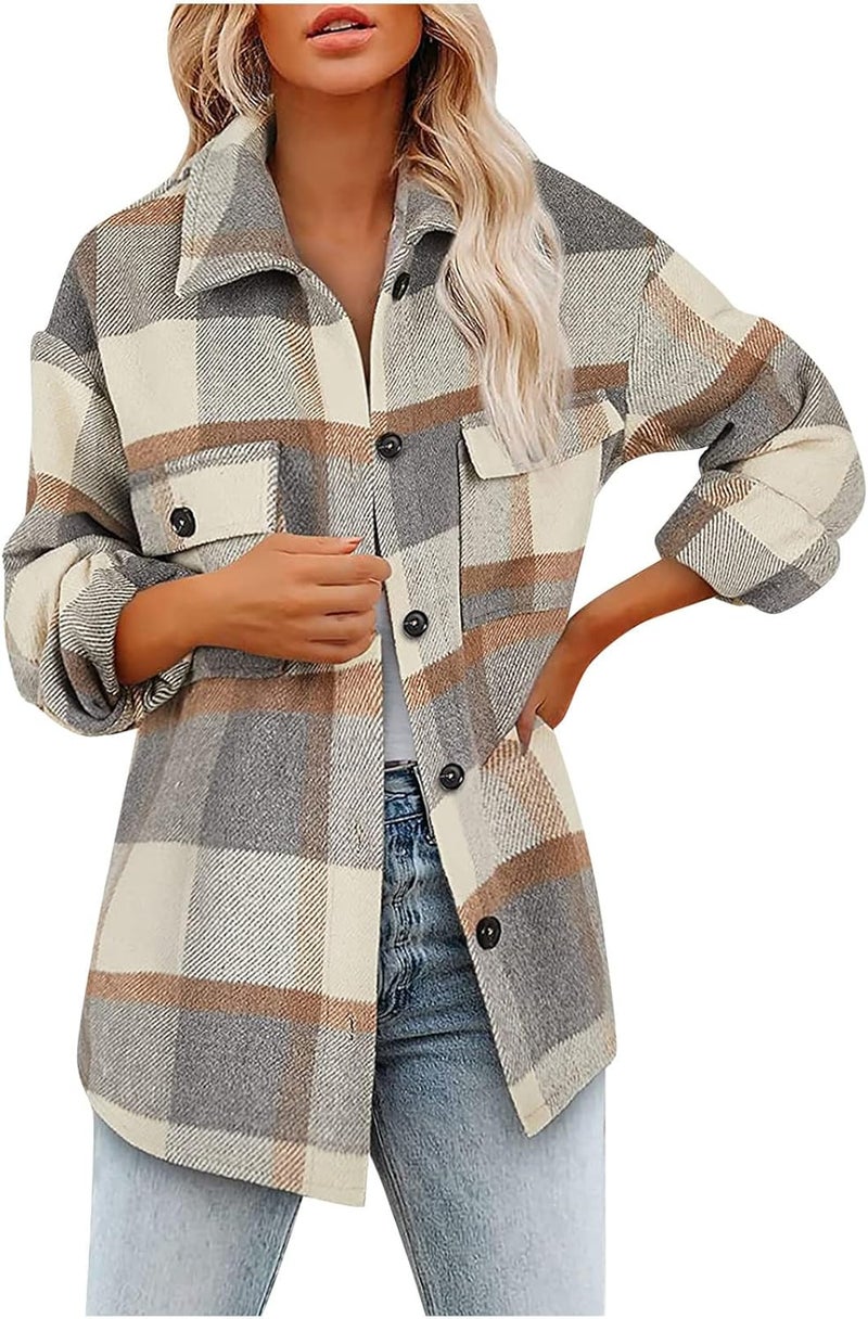 woobles Womens Plaid Shacket Casual Flannel Shirt Long Sleeve Corduroy Coat Button Down Fall Jacket Shacket 2022 Fashion Clothes X-Large 018-brown - Image 1