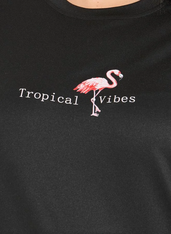 Styli Plus Size Flamingo Print T-Shirt with Piped Hem Pyjama Set