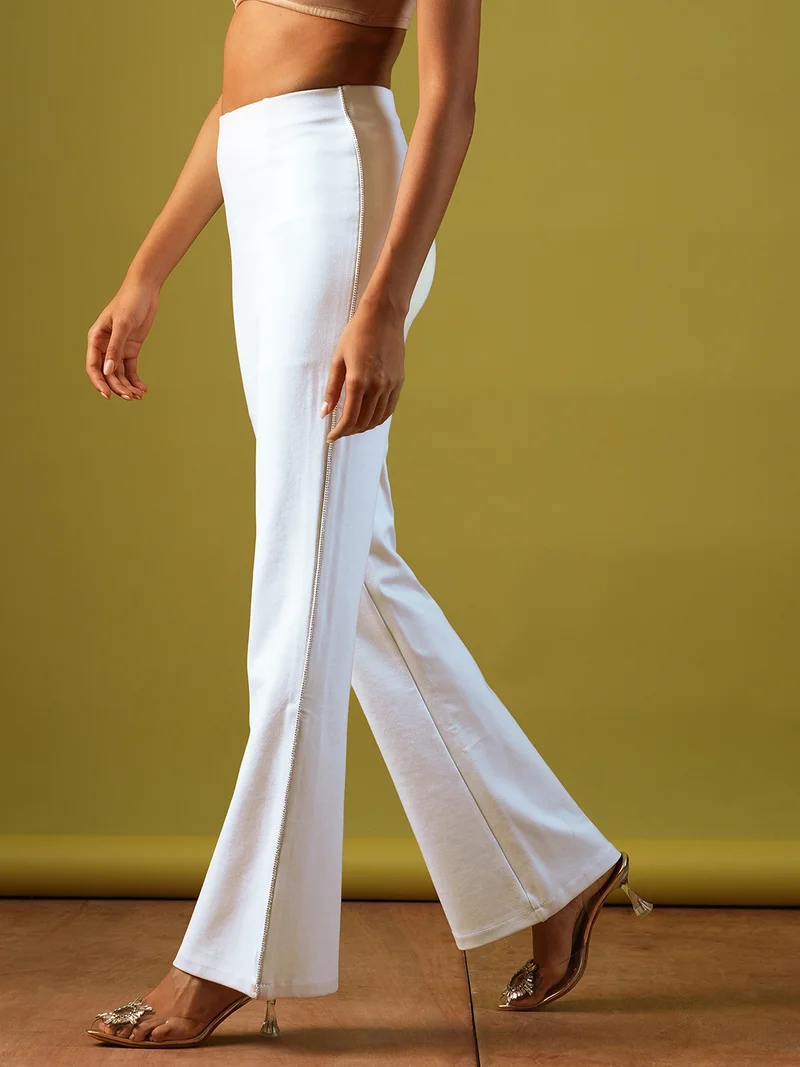 globus White Women Stretchable High-Rise Embellished Side Tape Flared Party Treggings for Women | Best Price UAE