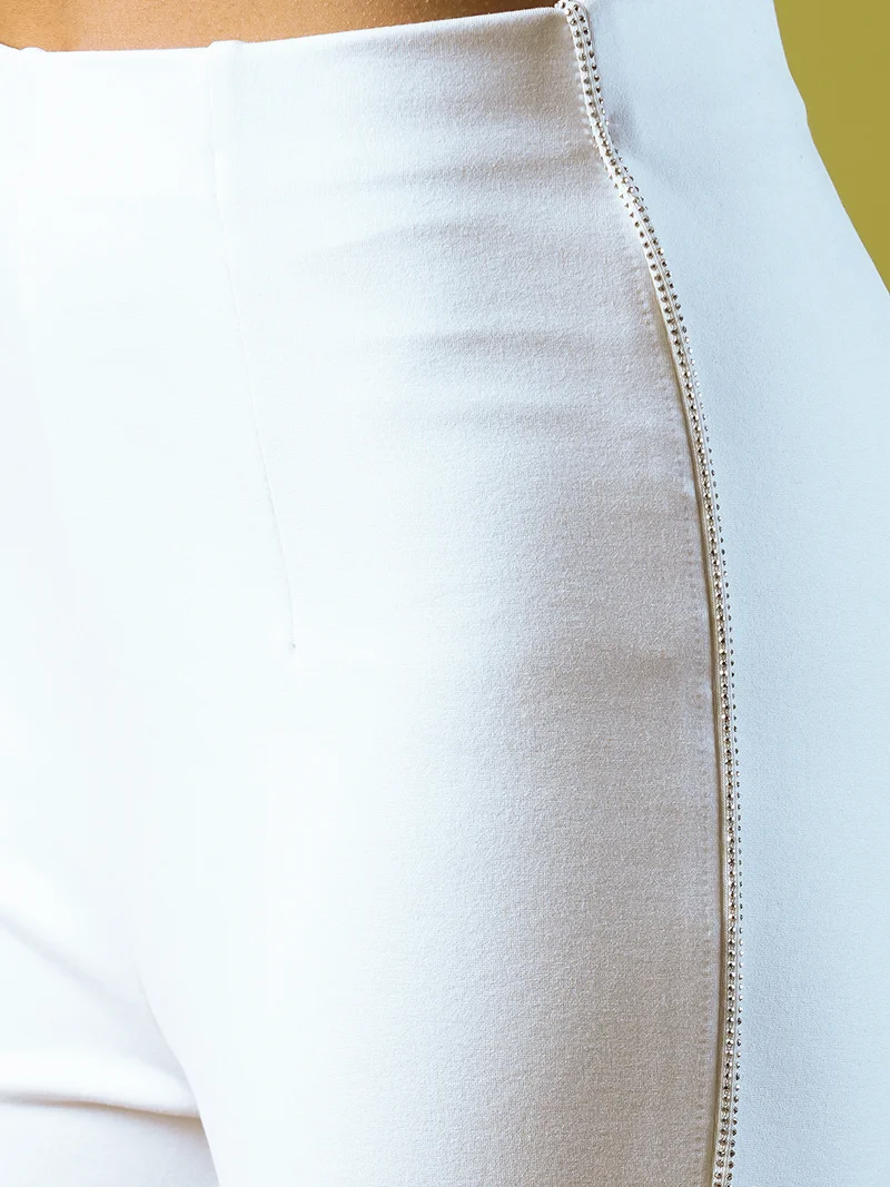 globus White Women Stretchable High-Rise Embellished Side Tape Flared Party Treggings for Women | Best Price UAE