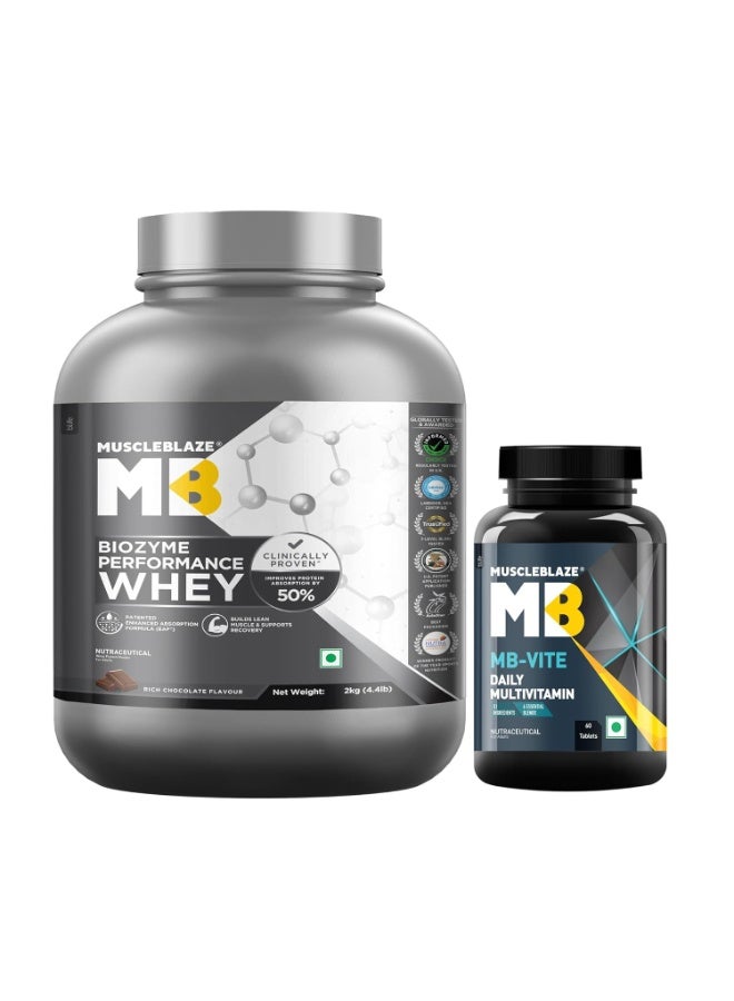 MuscleBlaze Biozyme Performance Whey Protein Powder, Rich Chocolate (2kg / 4.4lbs) & MB-Vite Daily Multivitamin (60 Tablets) | Combo Pack - Image 1