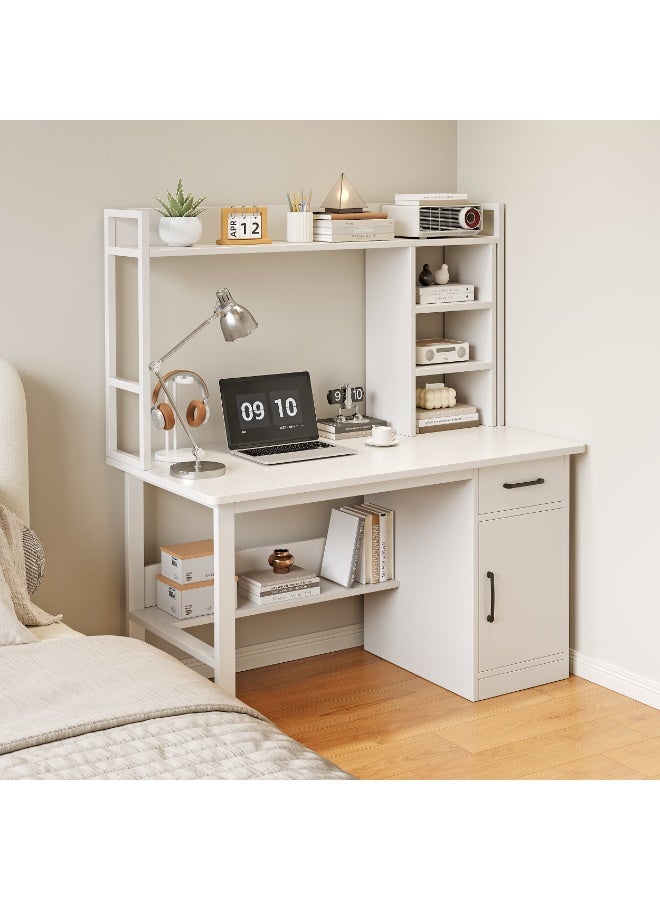 Computer Desk with Bookshelf, Home Office Desks & Workstations with Drawer, Cabinet and Shelves, Study Desk, Gaming Table, Student Learning Reading Writing Desk, White - Image 4