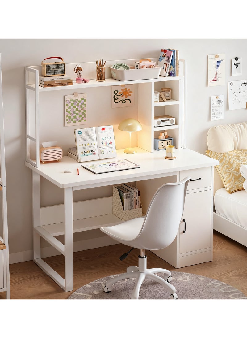Computer Desk with Bookshelf, Home Office Desks & Workstations with Drawer, Cabinet and Shelves, Study Desk, Gaming Table, Student Learning Reading Writing Desk, White - Image 1