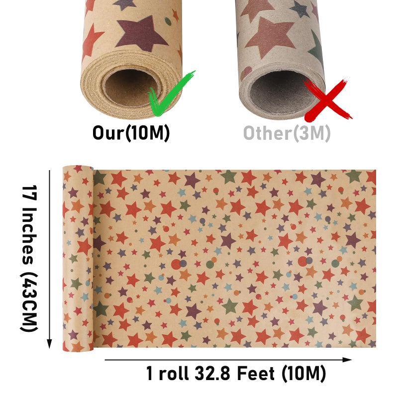 NESCCI Birthday Wrapping Paper,Gift Wrapping Paper Roll,Kraft Wrapping Paper-17 inch X 32.8 Feet Per roll,Colorful Stars Pattern For Boys Girls, Perfect For Birthday Party, Baby Shower - Image 2
