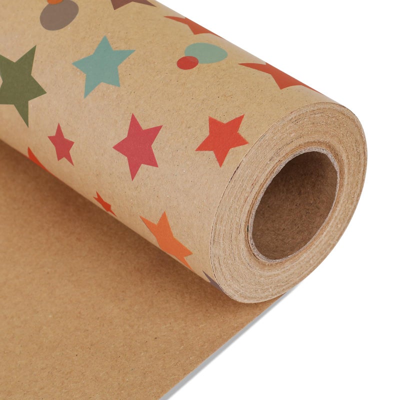 NESCCI Birthday Wrapping Paper,Gift Wrapping Paper Roll,Kraft Wrapping Paper-17 inch X 32.8 Feet Per roll,Colorful Stars Pattern For Boys Girls, Perfect For Birthday Party, Baby Shower - Image 1