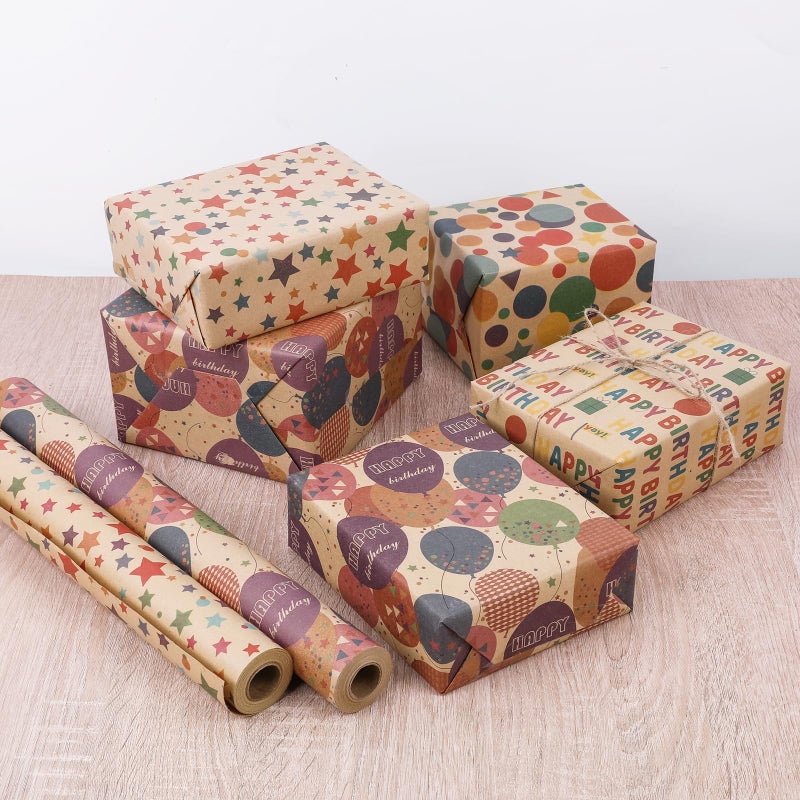 NESCCI Birthday Wrapping Paper,Gift Wrapping Paper Roll,Kraft Wrapping Paper-17 inch X 32.8 Feet Per roll,Colorful Stars Pattern For Boys Girls, Perfect For Birthday Party, Baby Shower - Image 4