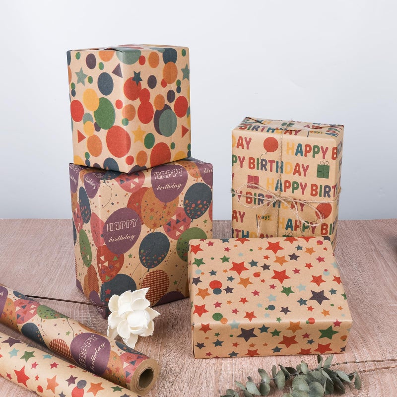 NESCCI Birthday Wrapping Paper,Gift Wrapping Paper Roll,Kraft Wrapping Paper-17 inch X 32.8 Feet Per roll,Colorful Stars Pattern For Boys Girls, Perfect For Birthday Party, Baby Shower - Image 3
