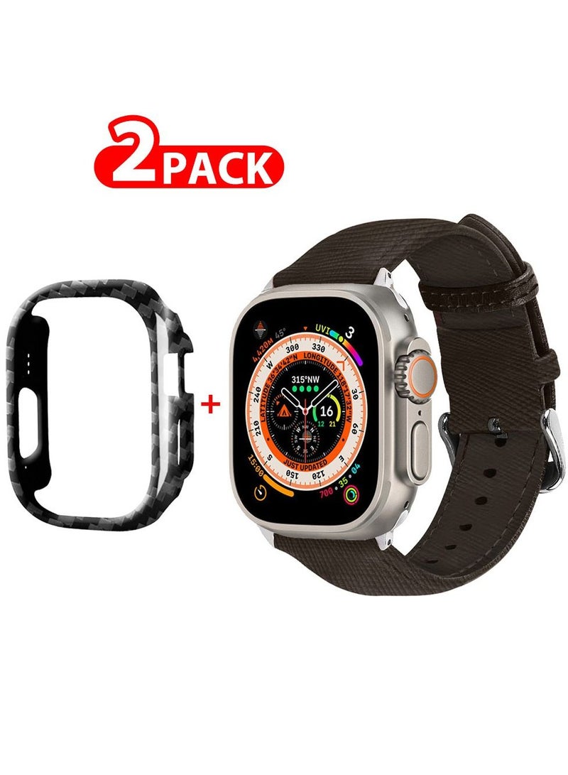 CATANES 2 Packs For Apple Watch Band 49mm Leather Band Buckle Strap Wristband and Carbon Fiber Case Holder Very Dark Brown - Image 1