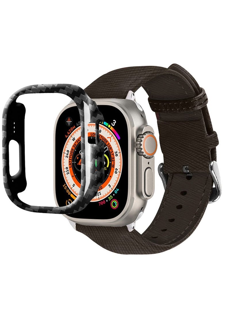 CATANES 2 Packs For Apple Watch Band 49mm Leather Band Buckle Strap Wristband and Carbon Fiber Case Holder Very Dark Brown - Image 3