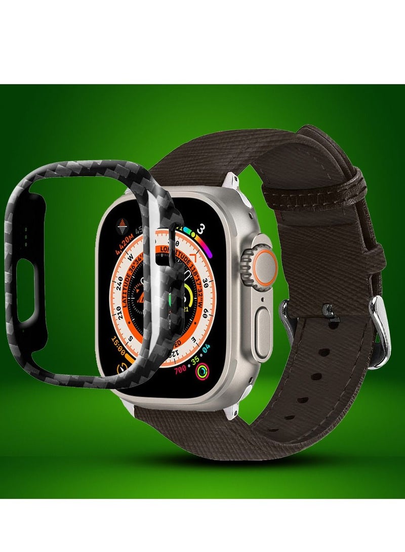CATANES 2 Packs For Apple Watch Band 49mm Leather Band Buckle Strap Wristband and Carbon Fiber Case Holder Very Dark Brown - Image 2