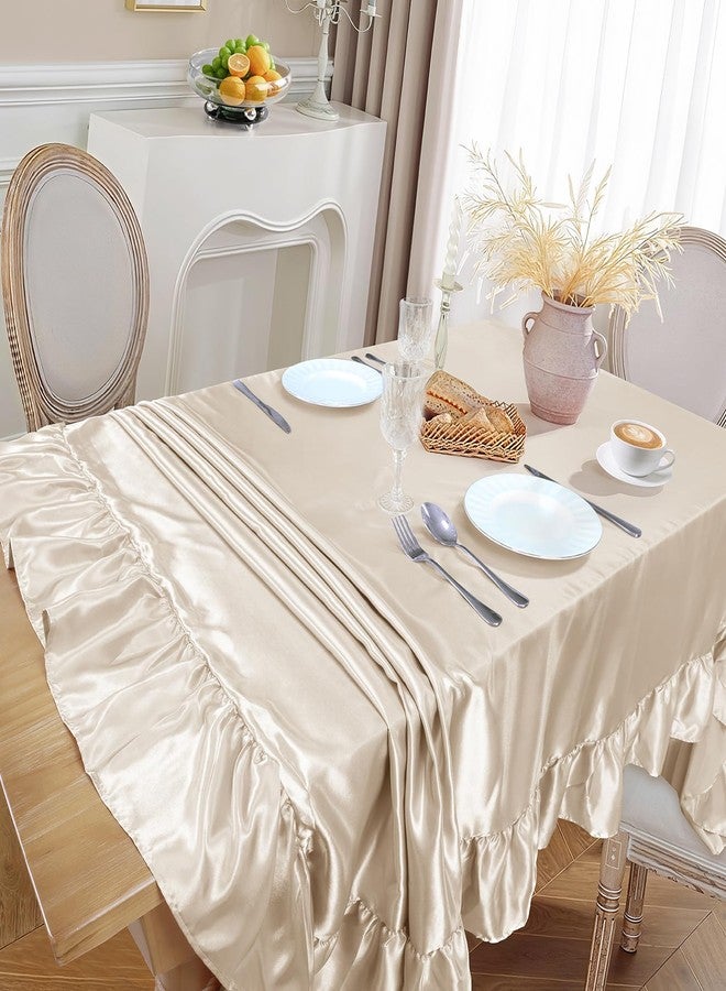Ersmak Beige Satin Ruffle Edge Tablecloth - 52 x 70 Inch Rectangle Satin Table Cover Bright Silk Table Cloth for Weddings, Banquets, or Home Dining - Image 2