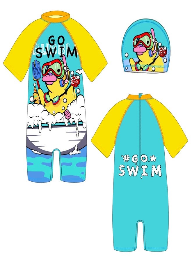 SG-Mart One Piece Swimwear Sun Protection Quick Dry Wild Blue Design Toddler Summer Bathing Suit for Girls Boys Kids Yellow & Water Size L - Image 1