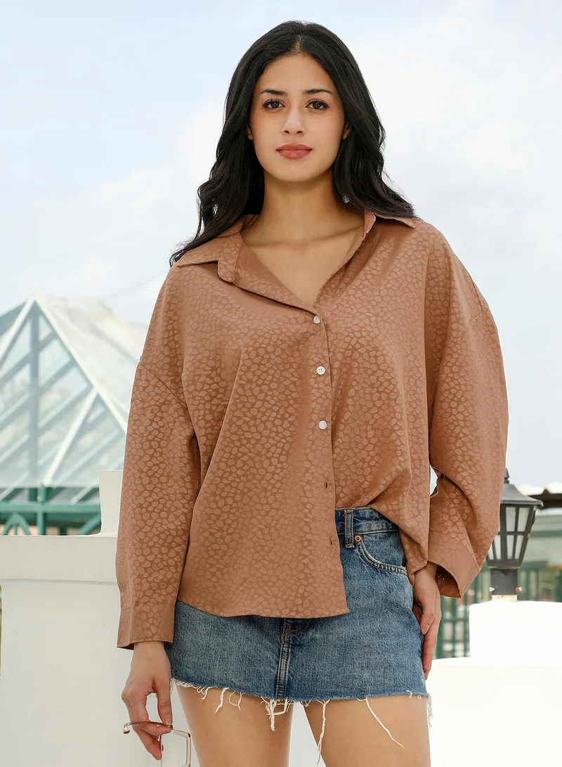Women's Mocha Brown Polka-Jacquard Oversized Shirt