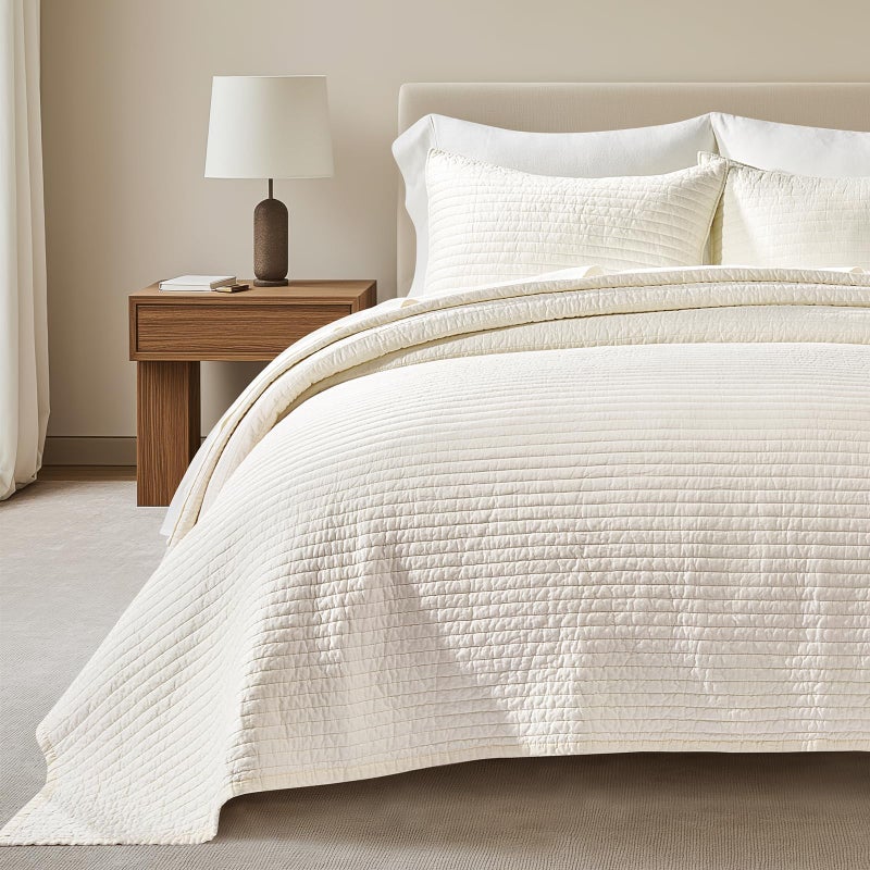 EVERGRACEHOME Cotton Sateen Quilt Set King Size, Pre-Washed Cotton Channel Stitch Coverlet Bedspread, 3 Pieces Lightweight Soft Bedding Sets for All Season, with 2 Pillow Shams, Cream - Image 1