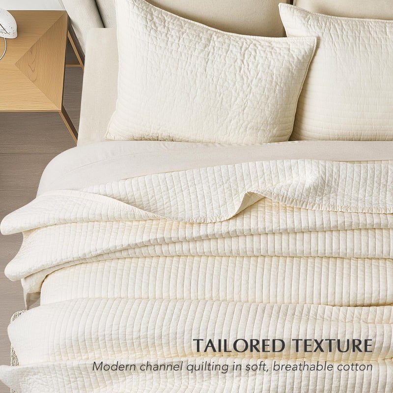 EVERGRACEHOME Cotton Sateen Quilt Set King Size, Pre-Washed Cotton Channel Stitch Coverlet Bedspread, 3 Pieces Lightweight Soft Bedding Sets for All Season, with 2 Pillow Shams, Cream - Image 3