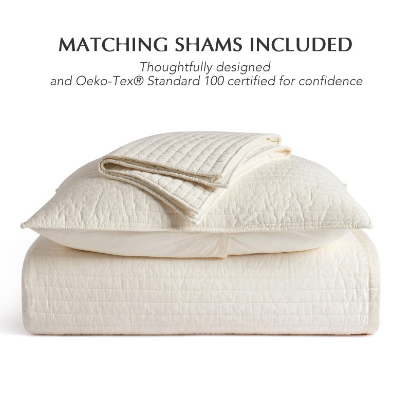 EVERGRACEHOME Cotton Sateen Quilt Set King Size, Pre-Washed Cotton Channel Stitch Coverlet Bedspread, 3 Pieces Lightweight Soft Bedding Sets for All Season, with 2 Pillow Shams, Cream - Image 5