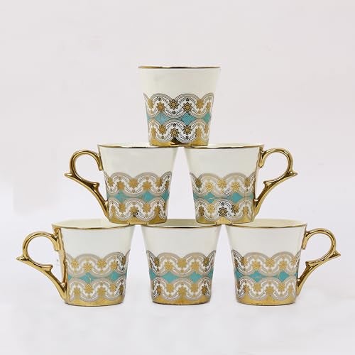 Femora Golden Royal Turquoise Pattern Tea Mugs, Ceramic Tea Cups, Coffee Mugs (180 ml, Golden) - 6 Pcs Set (NOT Microwave Safe) - Image 3