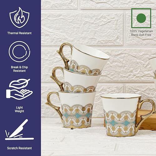 Femora Golden Royal Turquoise Pattern Tea Mugs, Ceramic Tea Cups, Coffee Mugs (180 ml, Golden) - 6 Pcs Set (NOT Microwave Safe) - Image 5
