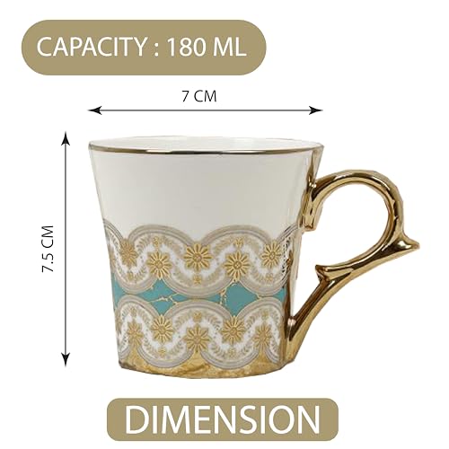 Femora Golden Royal Turquoise Pattern Tea Mugs, Ceramic Tea Cups, Coffee Mugs (180 ml, Golden) - 6 Pcs Set (NOT Microwave Safe) - Image 2