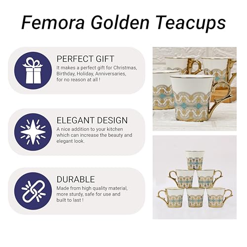 Femora Golden Royal Turquoise Pattern Tea Mugs, Ceramic Tea Cups, Coffee Mugs (180 ml, Golden) - 6 Pcs Set (NOT Microwave Safe) - Image 4