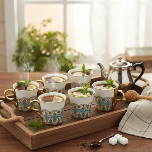 Femora Golden Royal Turquoise Pattern Tea Mugs, Ceramic Tea Cups, Coffee Mugs (180 ml, Golden) - 6 Pcs Set (NOT Microwave Safe) - Image 1