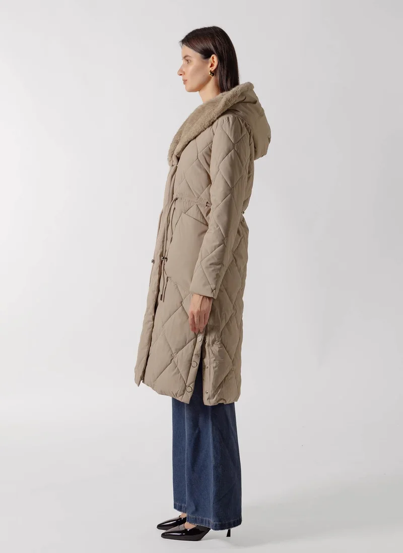Shapes BEIGE HOODED PLUSH FUR PUFFER JACKET for Women | Best Price UAE