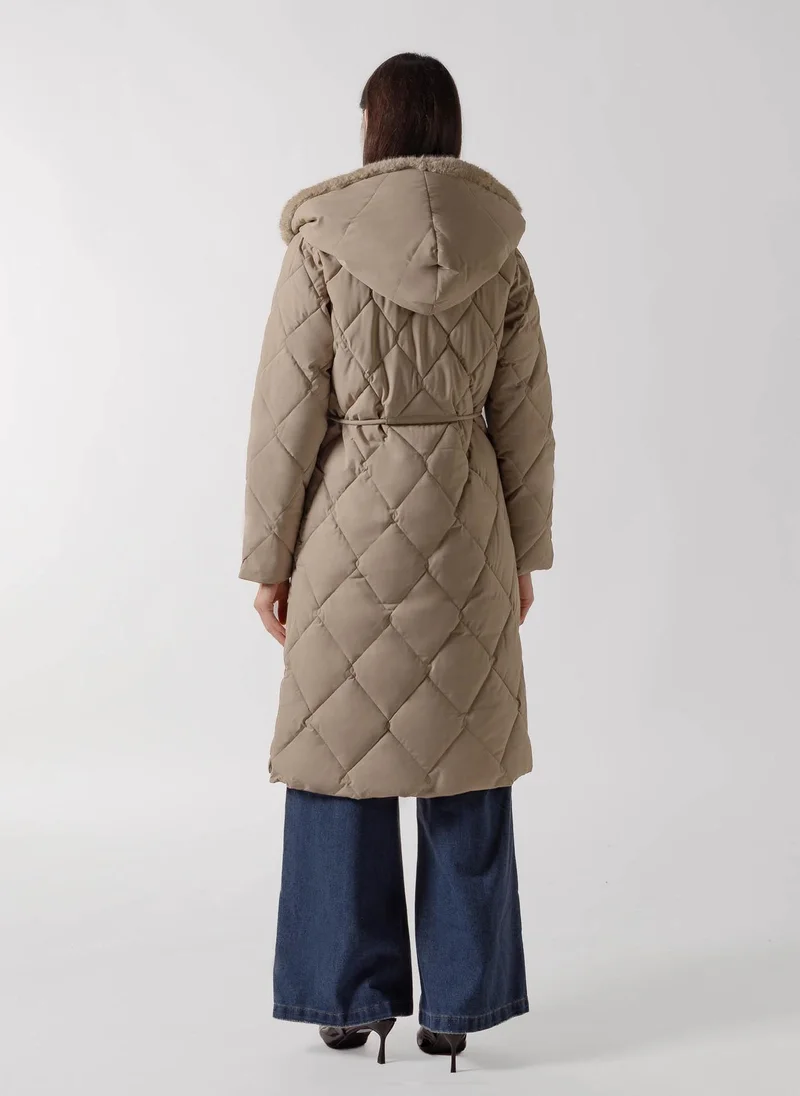 Shapes BEIGE HOODED PLUSH FUR PUFFER JACKET for Women | Best Price UAE