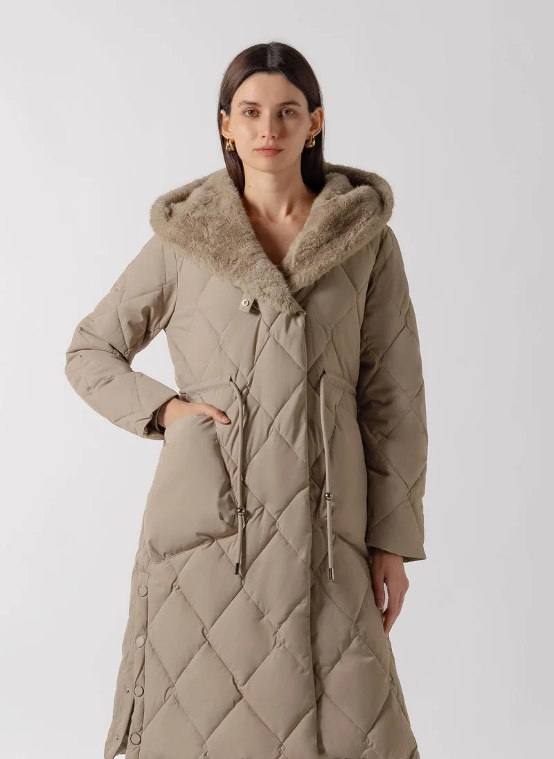 Shapes BEIGE HOODED PLUSH FUR PUFFER JACKET for Women | Best Price UAE