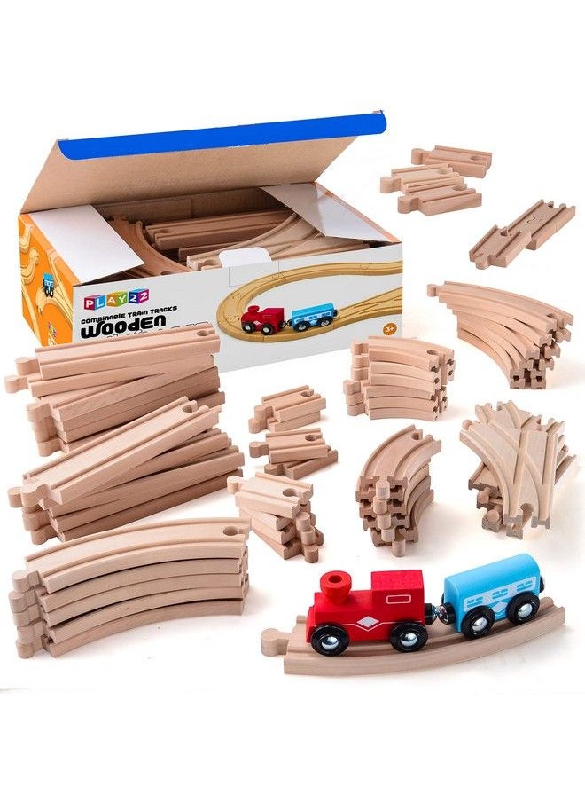 Play22 Wooden Train Tracks 52 Pcs Wooden Train Set + 2 Bonus Toy Trains Train Sets For Kids Car Train Toys Is Compatible With Thomas Wooden Railway Systems And All Major Brands Original  - Image 2