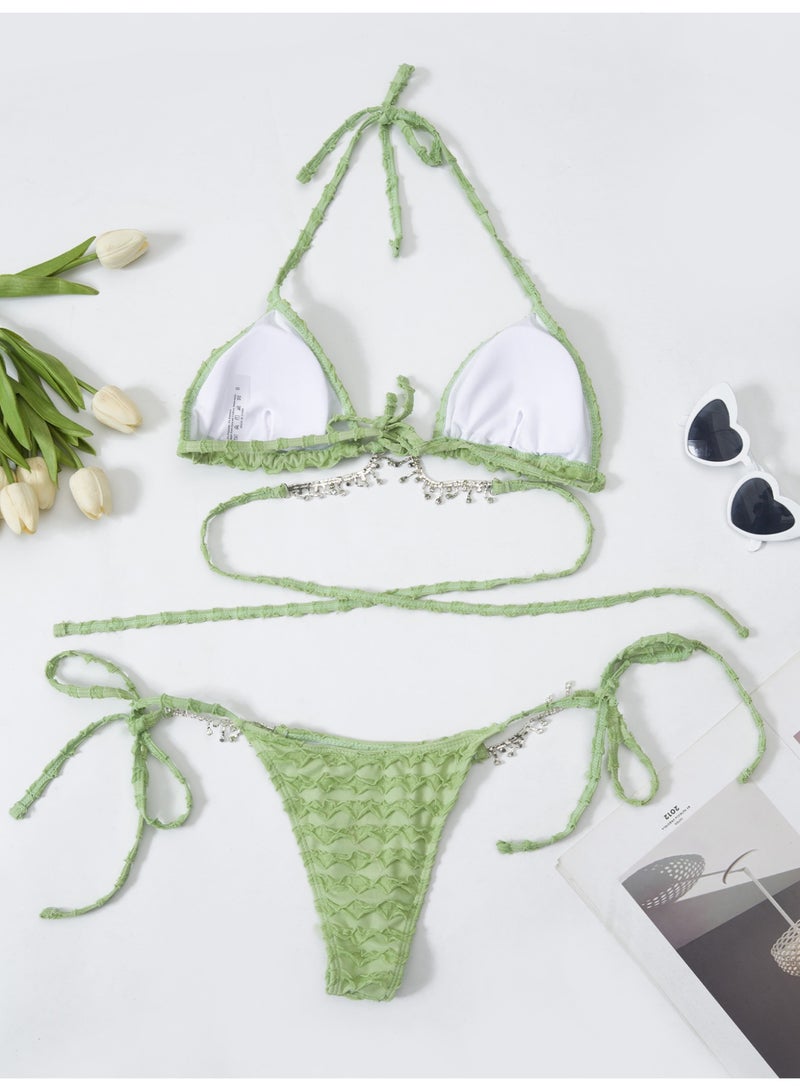 Women's Mint Green Ruffled Bikini Set, Rhinestone-Embellished Halter Triangle Top & Tie-Side Bottoms - Image 4