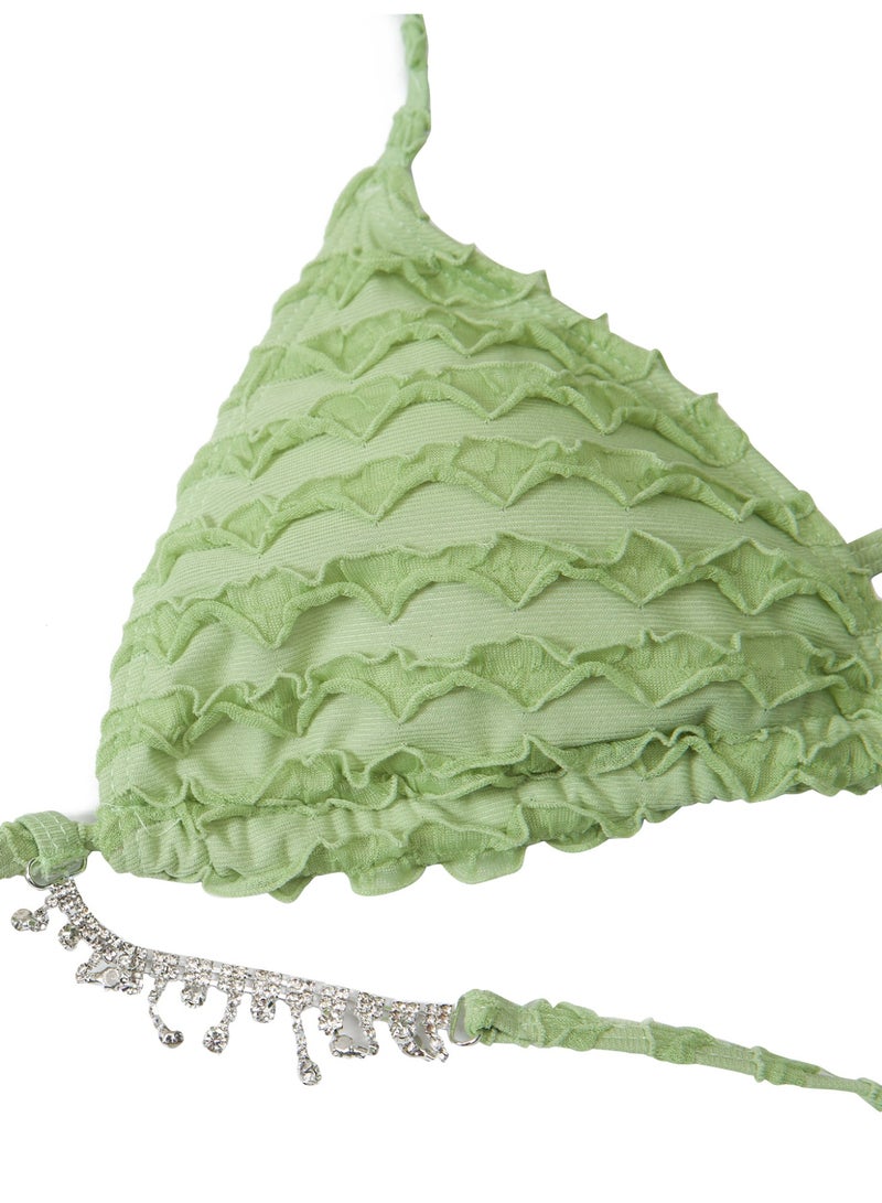 Women's Mint Green Ruffled Bikini Set, Rhinestone-Embellished Halter Triangle Top & Tie-Side Bottoms - Image 3