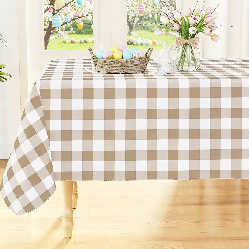 Smiry Rectangle Table Cloth, Waterproof Vinyl Tablecloths with Flannel Backing, Wipeable Buffalo Plaid Table Cover for Picnic, Indoor and Outdoor (Khaki & White, 60"x84") - Image 1