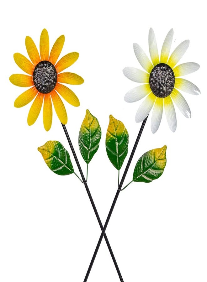 Venniy 2Pack Garden Wind Spinners,Metal Wind Sculptures Outdoor Windmill Flower Pinwheel Decorations for Yard Lawn Patio Decor(Yellow and White) - Image 2