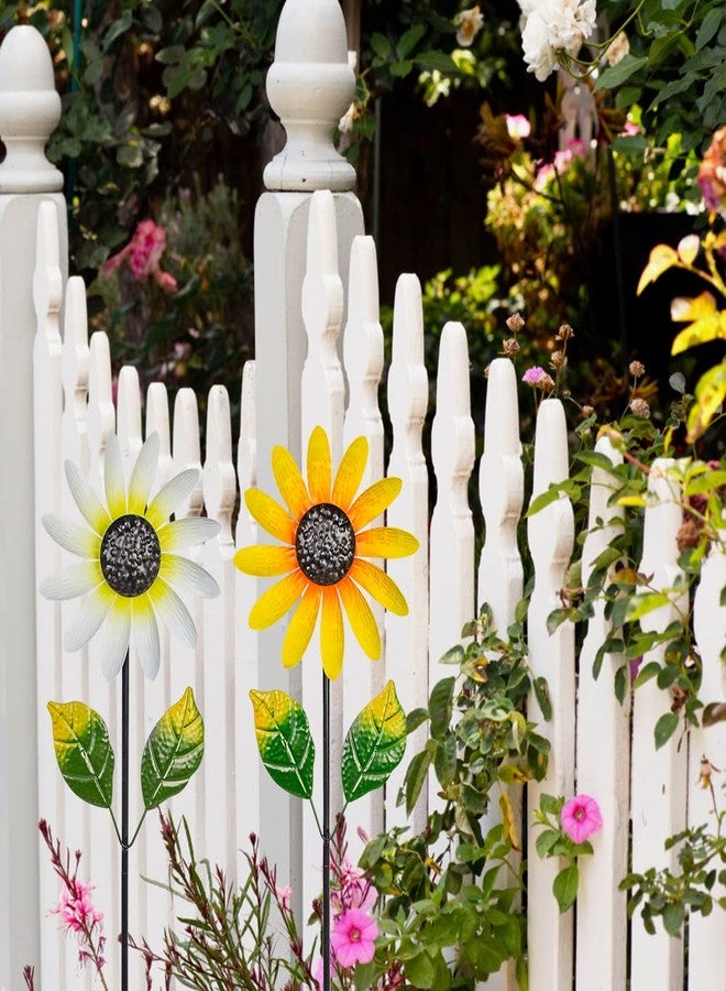 Venniy 2Pack Garden Wind Spinners,Metal Wind Sculptures Outdoor Windmill Flower Pinwheel Decorations for Yard Lawn Patio Decor(Yellow and White) - Image 5