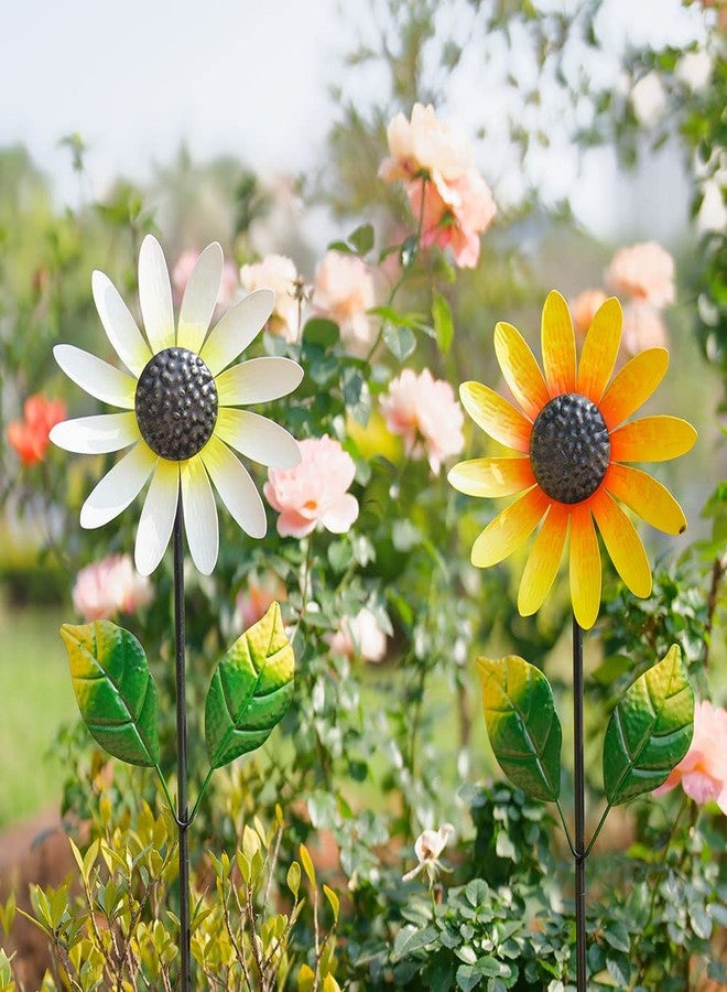 Venniy 2Pack Garden Wind Spinners,Metal Wind Sculptures Outdoor Windmill Flower Pinwheel Decorations for Yard Lawn Patio Decor(Yellow and White) - Image 1