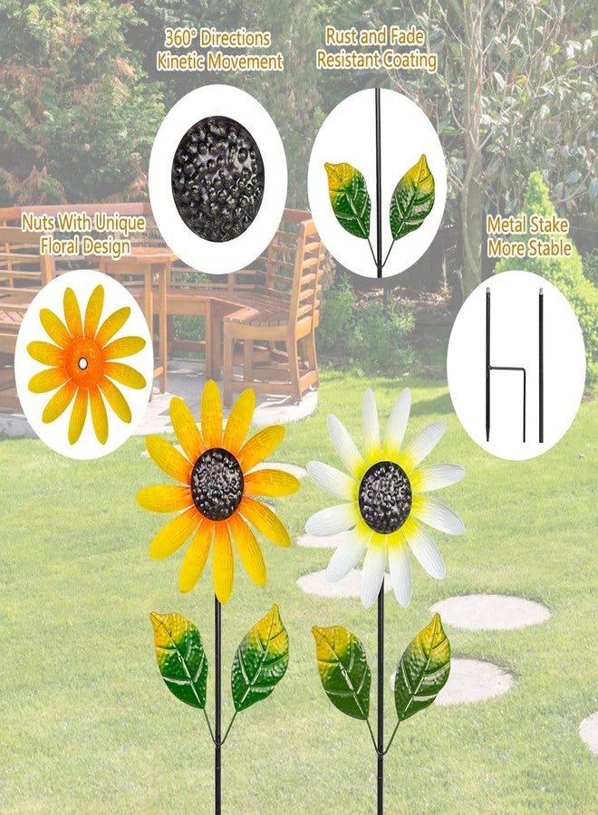 Venniy 2Pack Garden Wind Spinners,Metal Wind Sculptures Outdoor Windmill Flower Pinwheel Decorations for Yard Lawn Patio Decor(Yellow and White) - Image 4