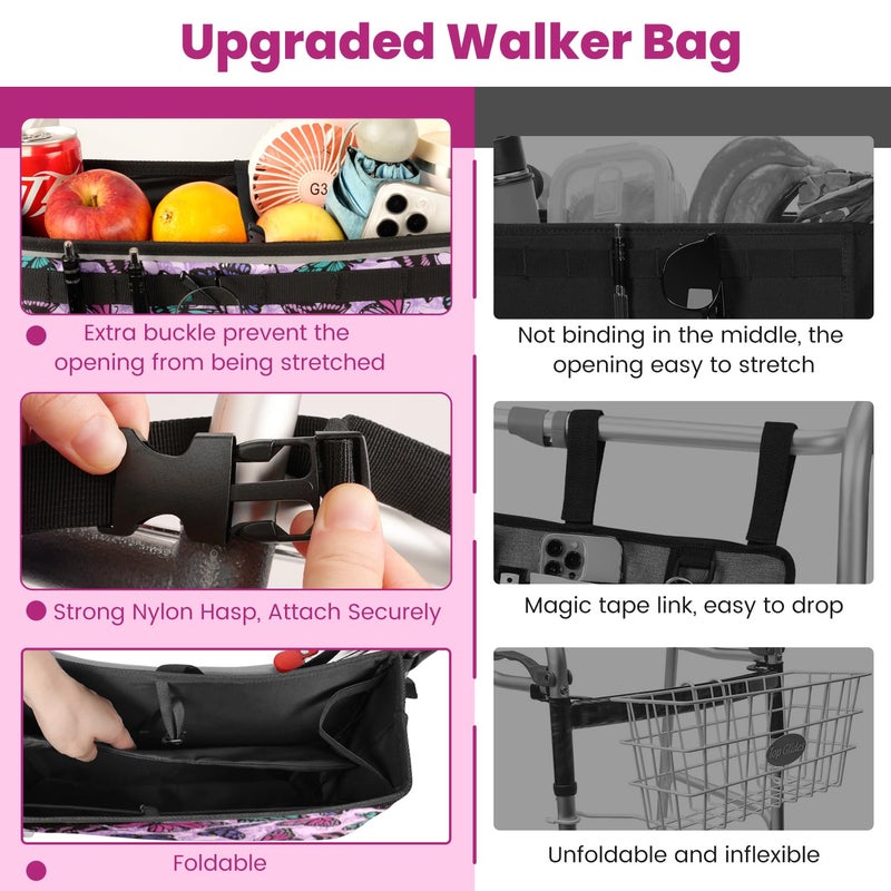 ZHCHG Walker Basket for Seniors, Walker Accessories, Folding Walker Bag with Large Capacity & Never Tipping Over, Best Gift- Gray (Not Fit Rollator Walkers) (Purple) - Image 3