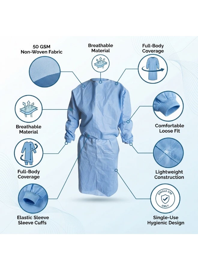 Health Mart Disposable Isolation Gown Blue 50 GSM Lightweight Protective Single Use Gown - Image 3