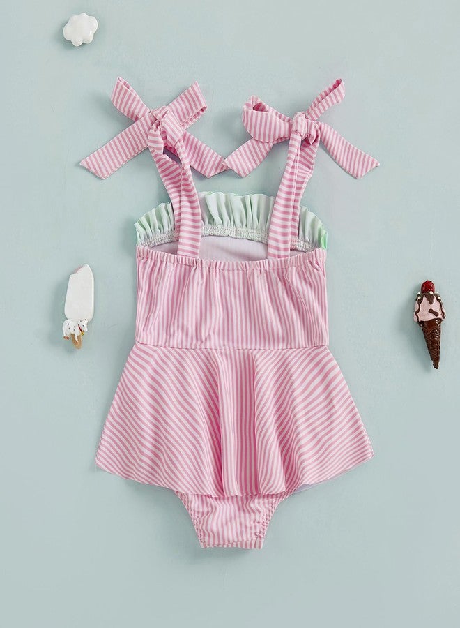 Douhoow Baby Girl Swimsuits Ice Cream Embroidery Stripes Baby Girl Bathing Suit Trim Tie Infant Girl Swimwear (Pink, 6-12 Months) - Image 3
